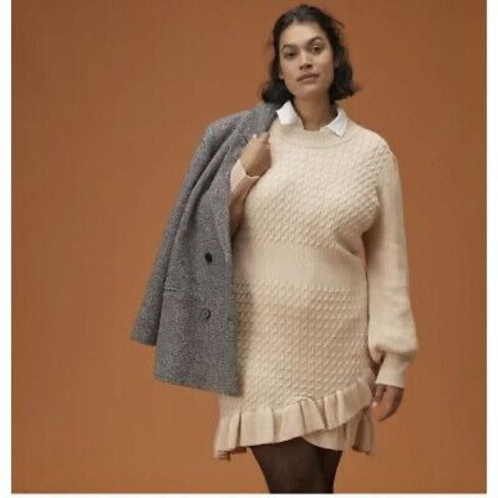 ✨ANTHROPOLOGIE FLAT WHITE RUFFLED SWEATER CABLE KNIT MINI SZ XL DRESS BEIGE✨